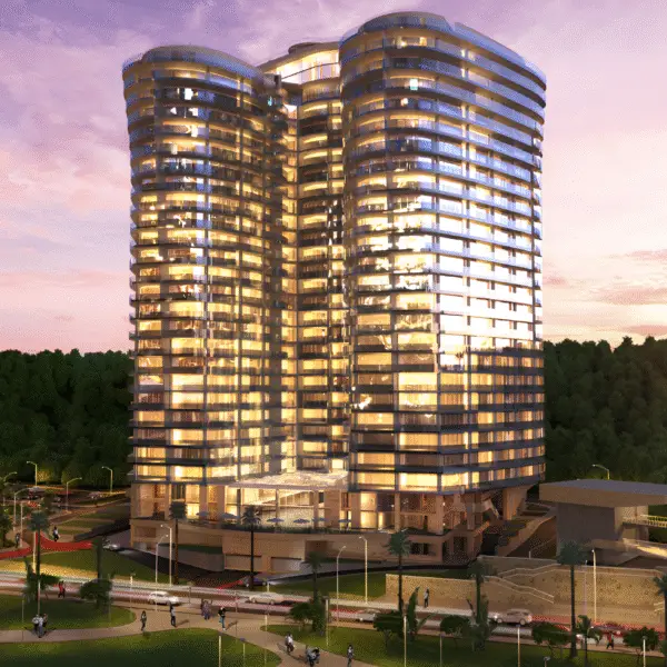 Photorealistic Architectural 3D Walkthrough & 3D rendering of a tall glass tower at sunset, highlighting detailed building design for modern property development by Best Apartment Walkthrough Service Company in India