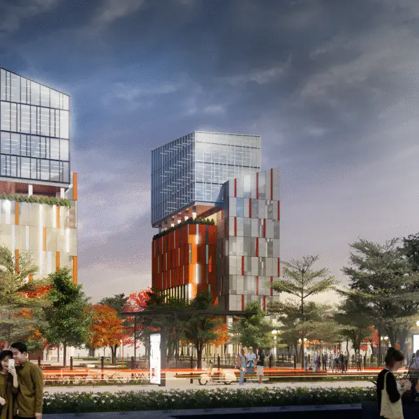 Photorealistic Architectural 3D rendering of a modern urban development with glass towers and landscaped plazas, illustrating vibrant city architecture.