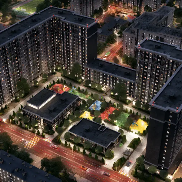 Photorealistic 3D render of Night drone View of high-rise Appartment Done by Chennai best 3D elevation Company | Cloudzure