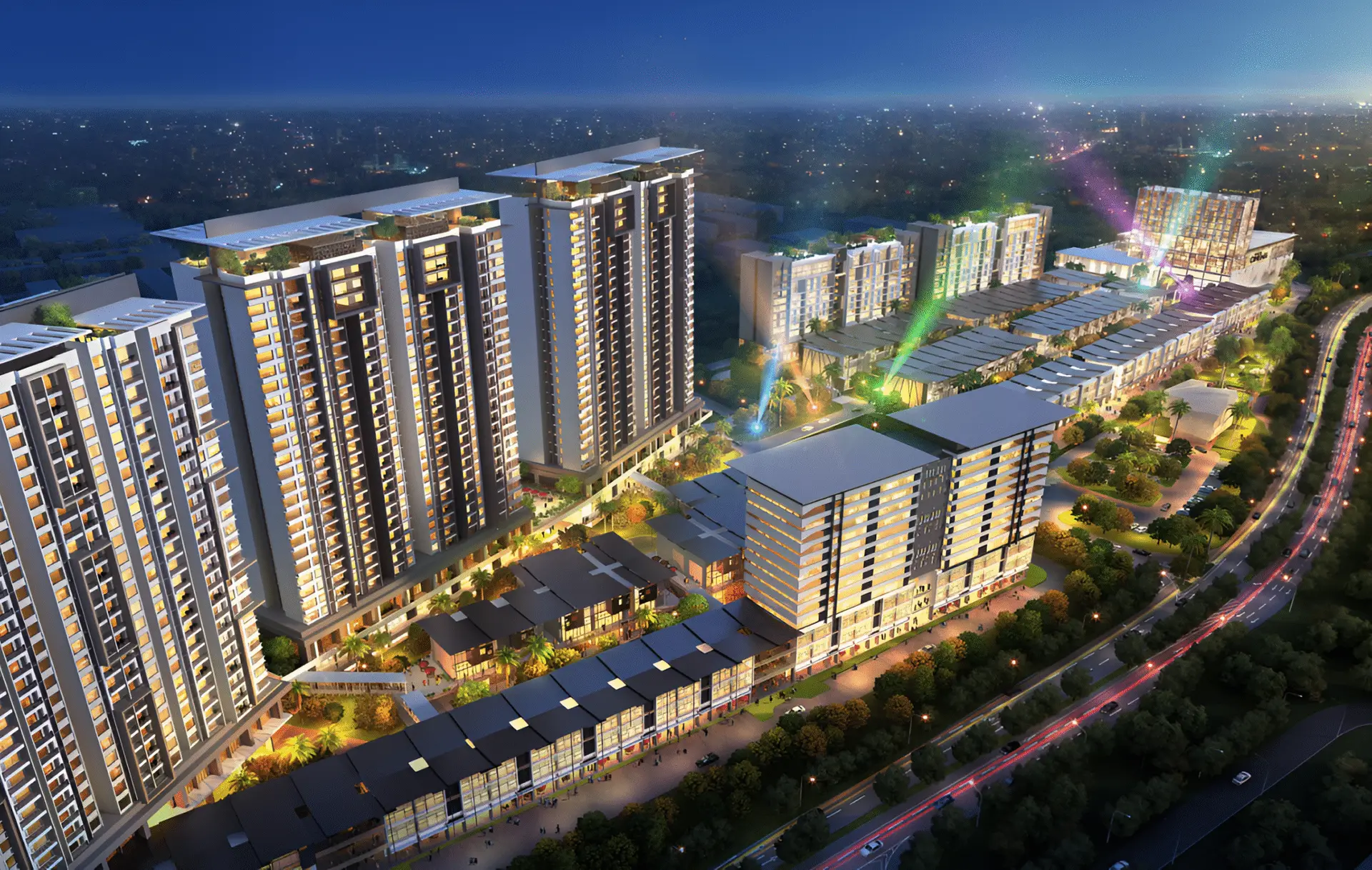 Photorealistic Architectural 3D rendering of a large residential and commercial district at night, showcasing illuminated buildings and vibrant cityscape.