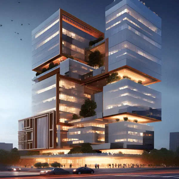 3D Rendering & 3D Walkthrough of a modern commercial building with futuristic stacked architecture, rendered by Cloudzure, leading 3D rendering & 3D walkthrough service provider in India