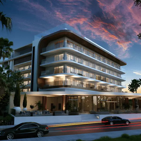 Photorealistic Architectural 3D rendering of a luxury modern building, providing detailed visualization for real estate marketing and design