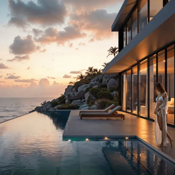 Photorealistic Architectural 3D rendering of a modern seafront villa at sunset, highlighting luxury property design for real estate marketing.