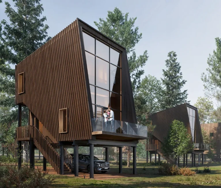 Photorealistic Architectural 3D rendering & Walkthrough of a modern geometric wooden cabin in a forest setting, illustrating creative home design and natural surroundings.