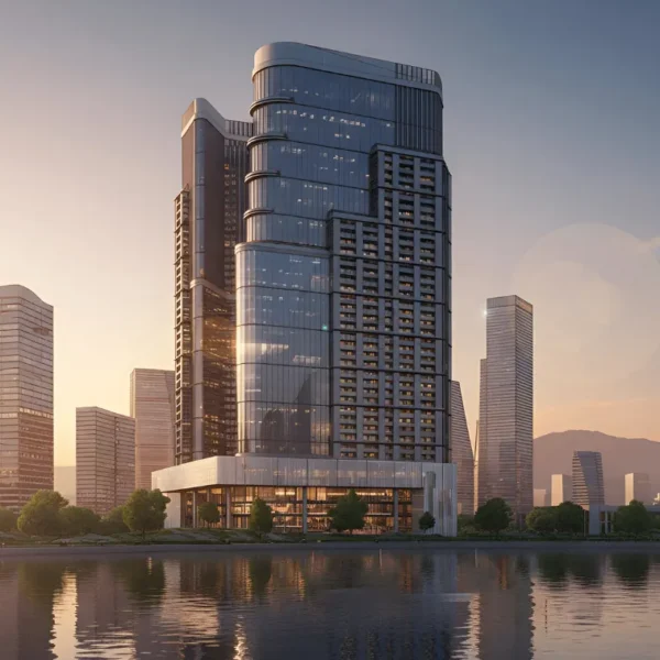 Photorealistic 3D rendering of a modern high-rise building at sunrise, reflecting in water and surrounded by a futuristic skyline.