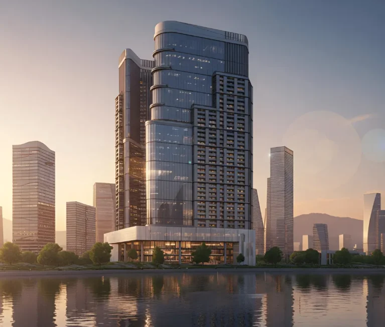 Photorealistic 3D rendering of a modern high-rise building at sunrise, reflecting in water and surrounded by a futuristic skyline.
