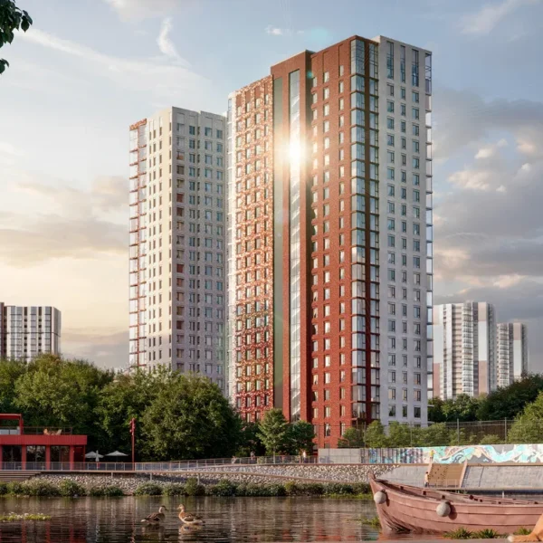 Photorealistic Architectural 3D rendering of a high-rise residential building by a lake, surrounded by greenery and families enjoying the view.