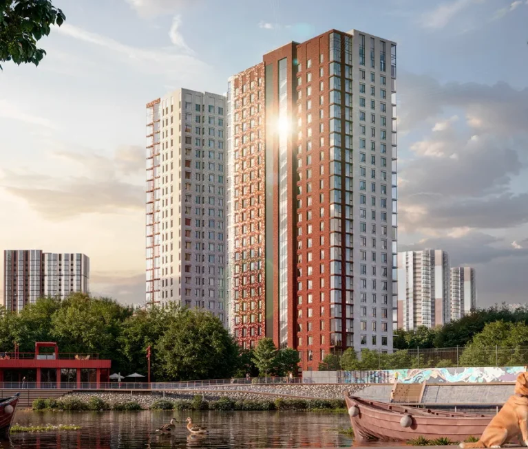 Photorealistic Architectural 3D rendering of a high-rise residential building by a lake, surrounded by greenery and families enjoying the view.