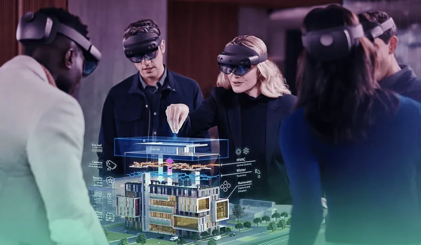 Team using AR headsets to visualize a detailed architectural model in mixed reality, demonstrating advanced 3D Walkthrough and design collaboration technology by Cloudzure.