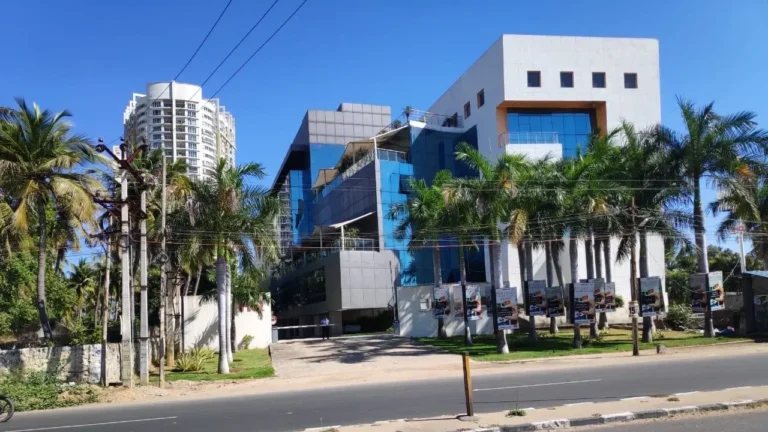 Office building with palm trees designed for Augmented Reality for Real Estate in India, including Cost of 3D Walkthrough for property marketing." The focus keyword and cost aspect are included for targeted search relevance.