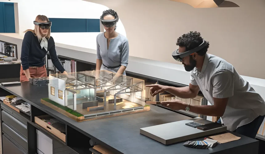 Mixed reality demonstration with users interacting with a digital architectural model using smart glasses in a collaborative workspace.