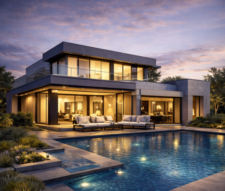 Photorealistic 3D exterior rendering service in Chennai showcasing a modern luxury villa with glass façade, spacious balcony, landscaped garden, ambient evening lighting, and illuminated swimming pool in a contemporary residential setting.