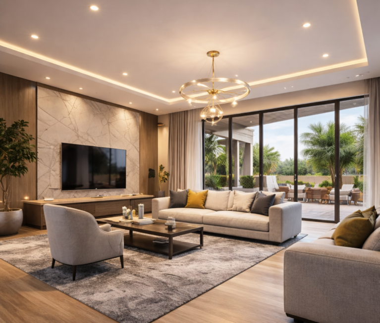 Photorealistic 3D interior rendering service in Chennai showcasing a modern living room design with marble TV feature wall, contemporary sofa set, wooden flooring, designer chandelier, warm ambient lighting, and large glass sliding doors opening to a landscaped outdoor space.
