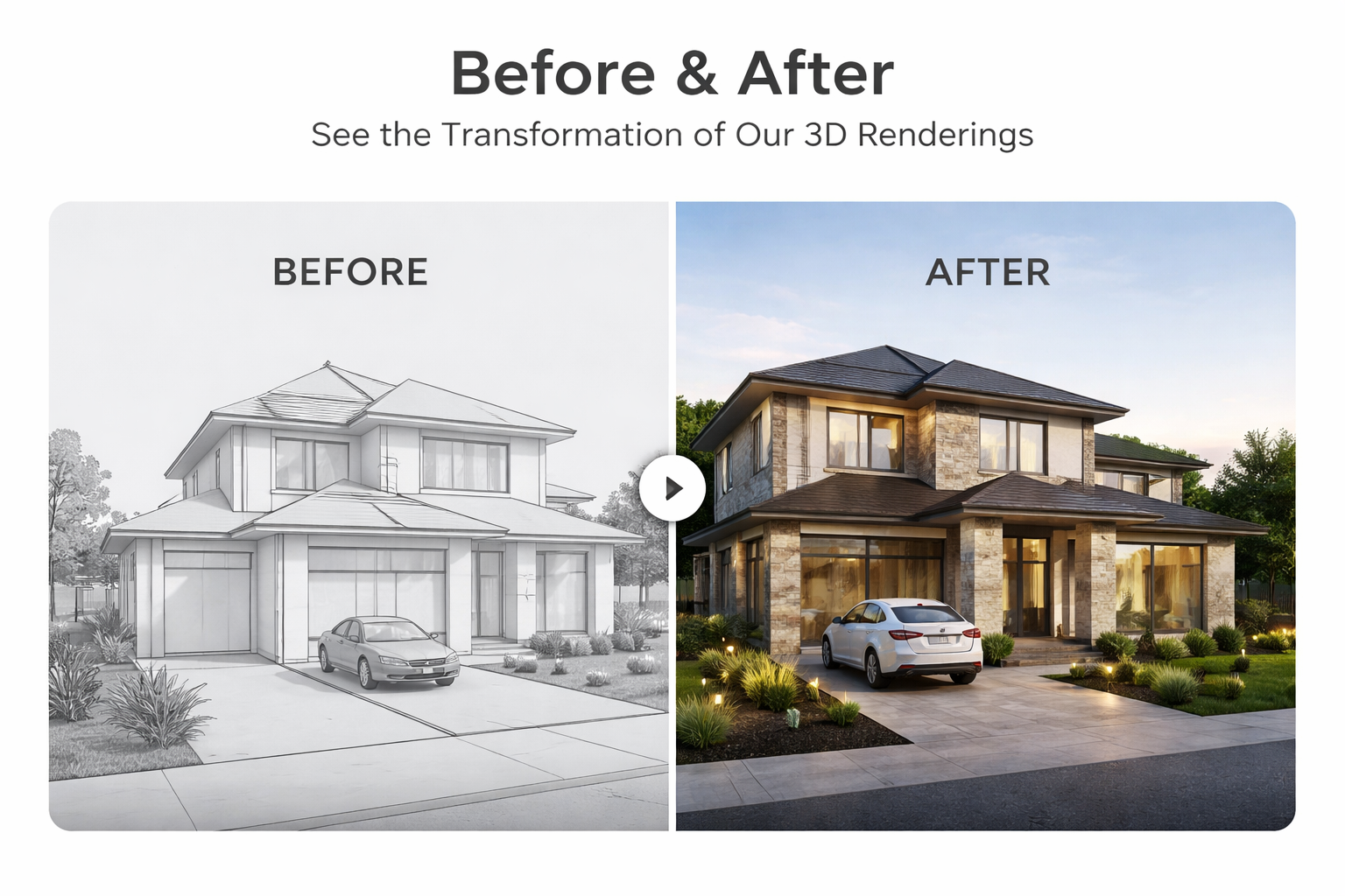 Photorealistic Architectural 3D rendering before and after comparison showing architectural line drawing transformed into realistic modern house exterior visualization