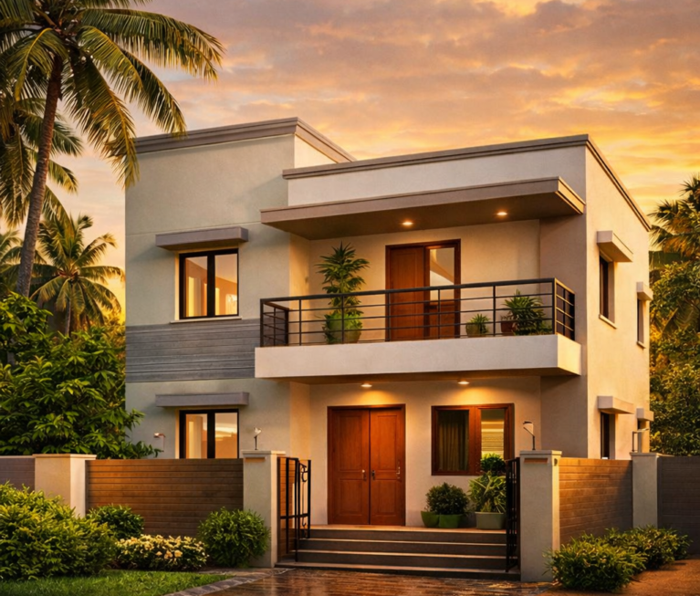 Photorealistic 3D rendering of a modern two-storey Chennai-style house with clean contemporary design, balcony with metal railing, warm exterior lighting, wooden doors and windows, tropical palm trees, landscaped front yard, and wet reflective driveway during sunset.