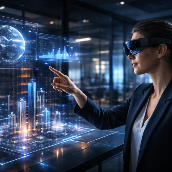 A futuristic mixed reality scene showing a human interacting with digital holograms in real space