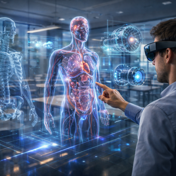 Mixed reality learning environment, person wearing AR headset visualizing 3D models in real world