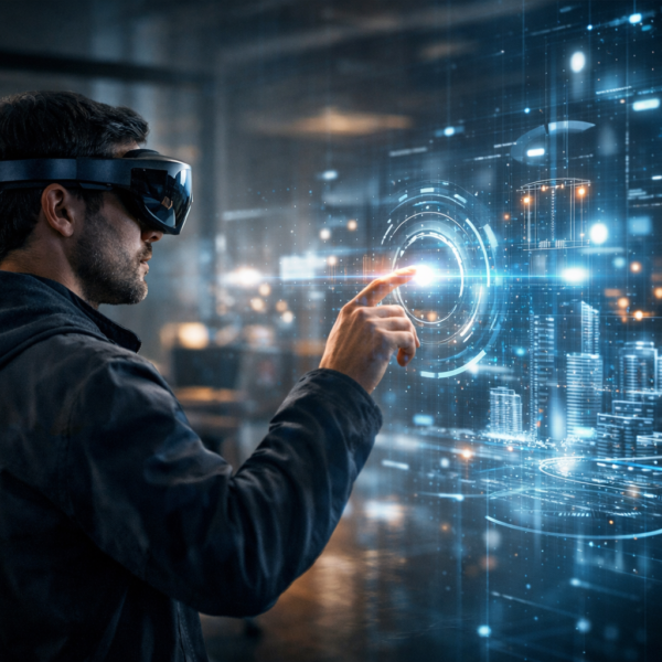 A mixed reality scene where the real world smoothly blends into a digital holographic environment