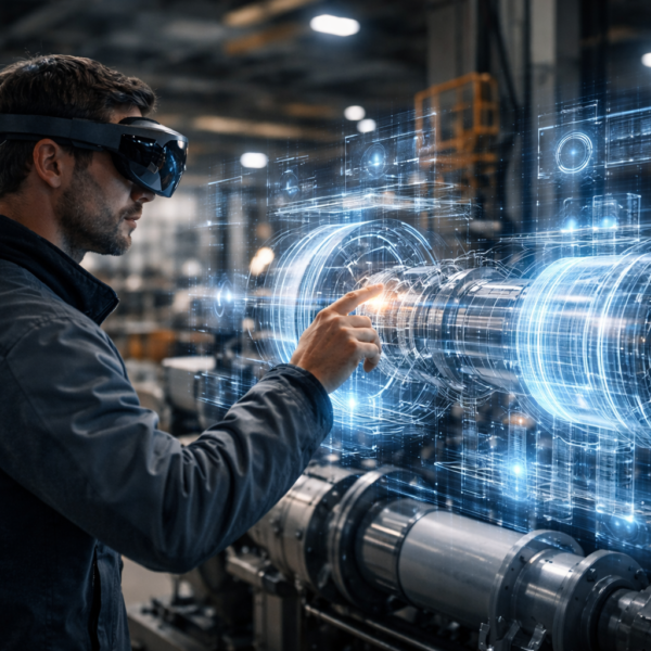 Mixed reality technology in an industrial setting, engineer wearing AR glasses visualizing 3D machinery holograms