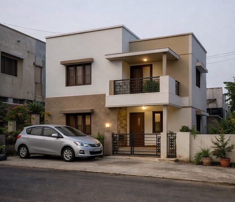 Photorealistic 3D rendering service in Chennai showcasing a modern two-storey independent house with tropical landscaping, coconut trees, natural sunlight, realistic materials, parked car, and detailed garden pond in a contemporary residential setting.