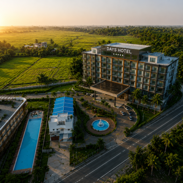 Luxury hotel aerial visualization created with 3D rendering services and 3D architectural walkthrough services, featuring realistic landscaping by the best 3D walkthrough services company.