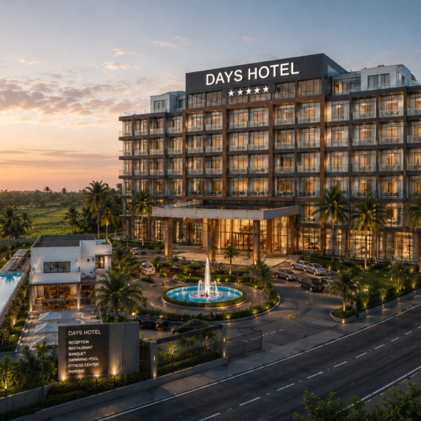 Photorealistic hotel exterior designed using 3D architectural walkthrough services and premium 3D rendering services by the best 3D walkthrough services provider for hospitality projects.