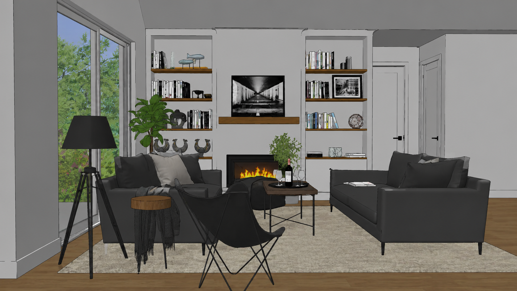 Modern luxury living room interior featuring contemporary furniture, built-in bookshelves, fireplace, large glass windows, and photorealistic 3D interior rendering for residential architecture.