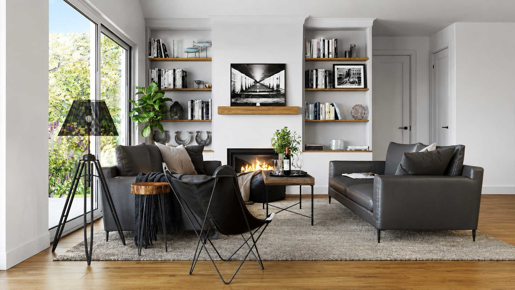Modern luxury living room interior featuring contemporary furniture, built-in bookshelves, fireplace, large glass windows, and photorealistic 3D interior rendering for residential architecture.