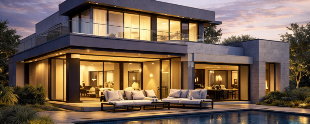 Photorealistic 3D exterior rendering service in Chennai showcasing a modern luxury villa with glass façade, spacious balcony, landscaped garden, ambient evening lighting, and illuminated swimming pool in a contemporary residential setting.