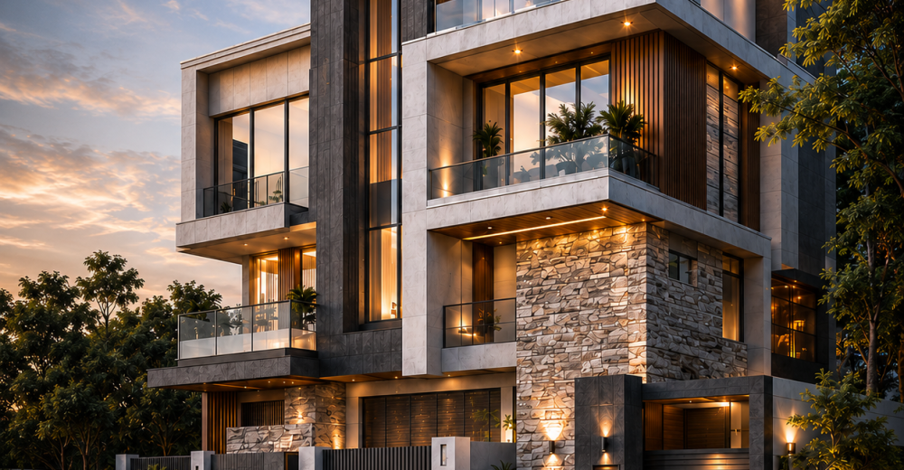Modern luxury three-story residential villa with contemporary architecture, glass balconies, stone cladding, warm exterior lighting, and landscaped front garden at sunset.