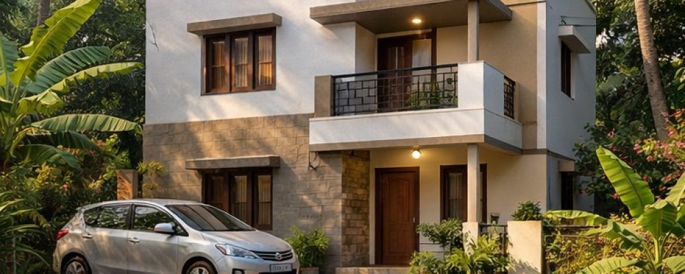 Photorealistic 3D rendering service in Chennai showcasing a modern two-storey independent house with tropical landscaping, coconut trees, natural sunlight, realistic materials, parked car, and detailed garden pond in a contemporary residential setting.