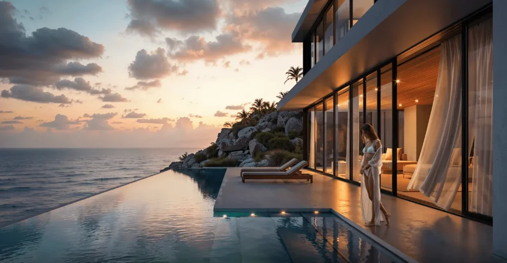 Photorealistic Architectural 3D rendering of a modern seafront villa at sunset, highlighting luxury property design for real estate marketing.